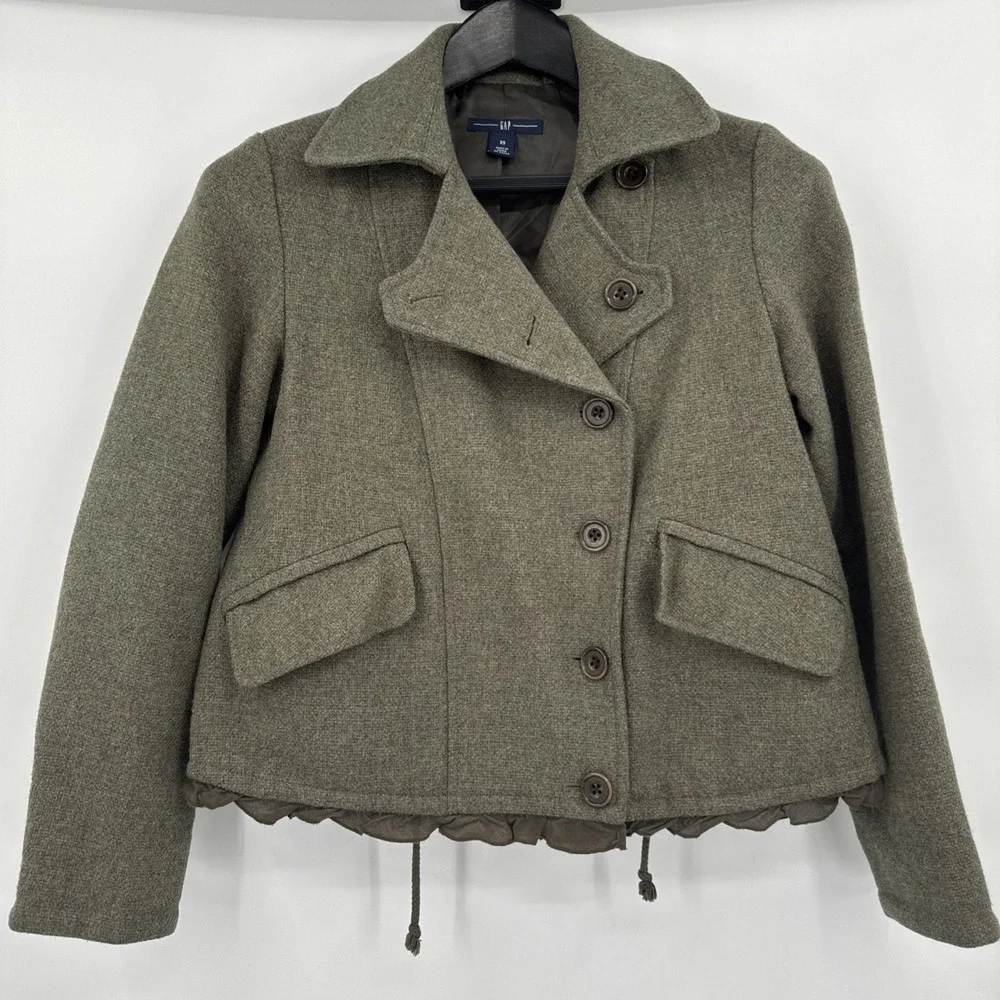 Gap Olive Wool Pea Coat Jacket Women's Size X Small Feminine Ruffle Tie Waist